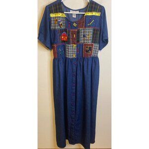 Sophia Rose Embroidery Patchwork School Teacher Maxi Long Button Dress Denim 18